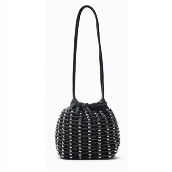 Zara Handbags - ZARA - Studded Soft Black Drawstring Bucket Bag